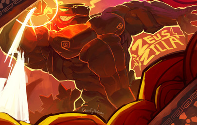 anthro big_muscles cloud grin hazard_symbol holding_lightning_bolt male muscular nude pecs radiation_symbol smile solo symbol tail teeth text vein veiny_muscles yellow_sclera goofyahdragons godzilla_(series) toho zeuszilla godzilla kaiju lizard reptile scalie 2024 artist_name half-length_portrait hi_res portrait