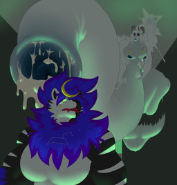 4_arms 4_horns anthro big_muscles big_pecs blue_body blue_fur blue_hair bodily_fluids bovid_horn caprine_horn churning_balls cum duo ear_piercing ear_ring excessive_cum excessive_genital_fluids fangs_bared foreskin fur genital_fluids genitals hair horn hyper hyper_cum hyper_genitalia imminent_vore male male/male markings monochrome_body moon_(marking) multi_arm multi_horn multi_limb muscular pecs penis piercing prehensile_penis ram_horn ring_piercing scared slime star_(marking) starry_hair heikidraws sanctus felid lion mammal pantherine absurd_res hi_res