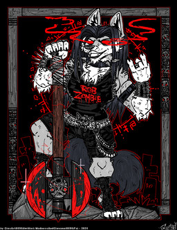 alternative_fashion axe band_shirt collar devil's_horns glowing glowing_eyes metalhead spiked_armwrists spiked_collar spikes madnessandgiovanni0595 rob_zombie attahualpa_(character) canid canine canis mammal wolf album_cover cover