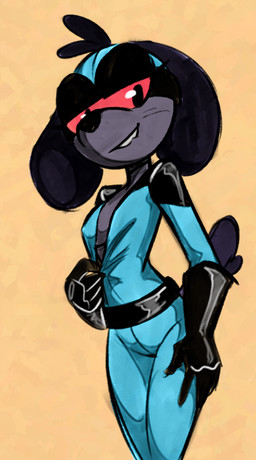 anthro bite biting_lip blush bodysuit breasts clothing eyewear female gloves goggles handwear nipple_outline simple_background skinsuit small_breasts smile standing tight_clothing unzipping_bodysuit soulcentinel squitoo third-party_edit space_dog_(fatalafterdark) canid canine mammal color_edit colored