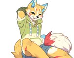 anthro bottomwear clothing eyes_closed hoodie male shorts simple_background sitting solo topwear white_background kurarifox kurari_(deruu) canid canine fox mammal hi_res