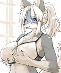 anthro big_breasts blep blue_eyes bra breasts claws cleavage clothed clothing eye_through_hair eyebrow_through_hair eyebrows female fur grey_body grey_fur hair holding_breast lingerie long_hair looking_at_viewer ponytail smile smiling_at_viewer solo tongue tongue_out translucent translucent_hair underwear white_hair ookamiwaho okami_bark canid canine canis mammal wolf 5:6 hi_res