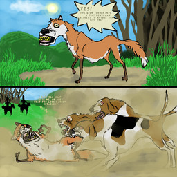 after_transformation ambiguous_gender attack bite bodily_fluids british clothing cloud crying death derp_eyes detailed_background dialogue digitigrade feral forest grass group hat headgear headwear humor hunter hunting implications killing mountain nature outside plant screaming sky sun tail tears teeth text tree violence what against-fox-idolatry beagle canid canine canis domestic_dog equid equine fox horse human hunting_dog mammal scent_hound 1:1 comic english_text