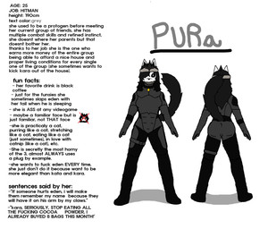 anthro armor bell bell_collar body_armor clothing collar crown female headgear lore military profanity simple_background solo standing suit tail text xerg-7 pura_(xerg-7) english_text hi_res model_sheet