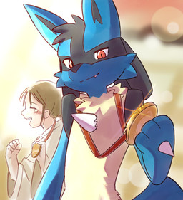 3_fingers 5_fingers ambiguous_gender anthro black_body black_fur black_inner_ear black_nose blue_body blue_fur blurred_background blush blush_lines cheek_tuft chest_spike closed_smile clothed clothed_human clothing cute_fangs duo eyes_closed facial_tuft fangs fingers fist fur gold_medal hair hand_spike head_tuft holding_medal holding_object looking_at_viewer medal mouth_closed multicolored_body multicolored_fur neck_tuft open_mouth open_smile paws red_eyes smile spikes spikes_(anatomy) standing tail tan_body tan_fur teary_eyes teeth tuft arnd_dawn nintendo pokemon generation_4_pokemon human lucario mammal pokemon_(species) 2026 digital_media_(artwork) hi_res