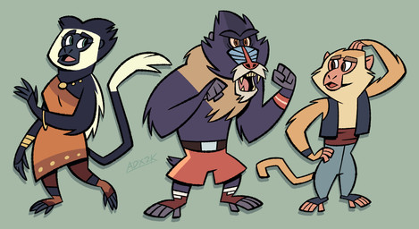 4_fingers anthro bottomwear clothing dress female fingers footwear group jewelry male monkey_feet necklace pants simple_background toeless_footwear topwear trio vest artdexo2000 colobus haplorhine macaque mammal mandrill monkey old_world_monkey primate 2023 absurd_res hi_res signature watermark