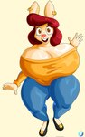 5_fingers anthro big_breasts bottomwear breasts brown_eyes clothing ear_piercing ear_ring female fingers footwear hair huge_breasts pants piercing red_hair ring_piercing shirt shoes solo topwear yellow_body vanillabeangoat regina_harrington lagomorph leporid mammal rabbit hi_res