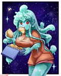 big_breasts blue_body blue_hair breasts clothed clothing eating female food hair holding_food holding_object looking_at_viewer not_furry orange_clothing orange_shirt orange_topwear red_eyes shirt solo space standing star topwear morbidlycutecrunch benni_(morbidlycutecrunch) goo_creature goo_humanoid humanoid absurd_res hi_res