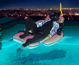 alcohol anthro balls beverage black_body black_hair clothed clothing eiffel_tower france genitals green_sclera hair lying male open_clothing open_shirt open_topwear penis pool_float shirt solo swimming_pool topwear wet garbatge adam_baume_(posspowered) felid feline mammal