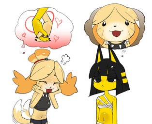 alternate_color alternate_costume anthro black_bottomwear black_clothing black_hair black_topwear blep blush bottomwear breasts clothing collar colored_nails crop_top denim denim_bottomwear denim_clothing denim_shorts duo female hair half-closed_eyes hand_holding hands_on_chin heart_symbol nails narrowed_eyes navel shirt shorts simple_background spiked_collar spikes tail tail_motion tailwag thought_bubble tongue tongue_out topwear white_background wraps q_qringo animal_crossing nintendo ankha_(animal_crossing) isabelle_(animal_crossing) canid canine canis domestic_cat domestic_dog felid feline felis mammal shih_tzu toy_dog 2024