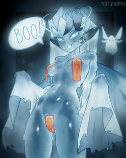 antennae_(anatomy) blue_body blue_wings bodily_fluids breasts camel_toe dialogue eyelashes female front_view humanoid_pointy_ears navel ofuda ofuda_on_breast ofuda_on_vulva pointy_ears smile solo speech_bubble sweat sweatdrop talisman text thick_thighs tongue tongue_out white_eyes wide_hips wings thesorapoi dota valve valve_corporation mireska_sunbreeze_the_dark_willow fairy ghost humanoid spirit winged_humanoid absurd_res english_text hi_res