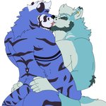 anthro beard blue_body blue_fur duo eyes_closed facial_hair french_kissing fur hand_on_butt kissing male male/male red_tongue simple_background stripes tattoo tongue white_background ashi_ton ashi_(character) canid canine canis felid feline mammal pantherine tiger wolf 1:1