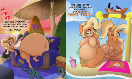 anthro beach belly big_belly black_text blonde_hair blue_eyes breasts clothing dialogue digestion escaping_text fatal_vore female female_pred fur furniture group hair highlighted_text laugh lying nude on_back orange_body orange_fur outside overweight red_text sea seaside shirt sofa speech_bubble sunset talking_to_self text text_emphasis topwear translucent_speech_bubble vocalization vore water weight_gain afraart activision crash_bandicoot_(series) coco_bandicoot bandicoot mammal marsupial 2020 5:3 english_text hi_res