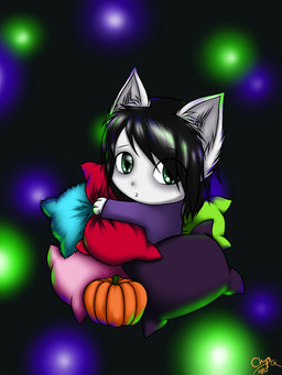anthro chyo dark female food fruit happy holidays lights pillow plant pumpkin solo young young_anthro chiroina halloween mythology canid canine canis domestic_dog mammal mythological_canine mythological_creature werecanid werecanine werecreature werewolf 3:4 hi_res