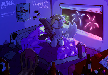 alcohol anal anal_penetration anthro bed bedroom beverage blush bodily_fluids cum duo femboy fireworks furniture genital_fluids hands_behind_back holidays male male/male orgasm penetration alternativefoot 4th_of_july rue_(alternativefoot) canid canine fox mammal hi_res
