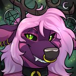 anthro black_eyes ear_piercing ear_ring facial_piercing fangs glistening glistening_nose green_sclera grin hair horn nose_piercing nose_ring piercing pink_hair pink_inner_ear purple_ears ring_piercing smile snout teeth yellow_ring rindeadsong deer mammal 1:1 2024