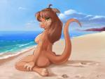 2019 3_toes 4:3 ajin anthro barefoot beach bedroom_eyes biped breasts brown_hair butt claws detailed_background digital_media_(artwork) dragon feet female footprints green_eyes hair horn long_hair looking_at_viewer looking_back mythological_creature mythological_scalie mythology narrowed_eyes nipples non-mammal_breasts nude nude_beach sandy_butt scalie seaside seductive sitting solo tail toes wariza