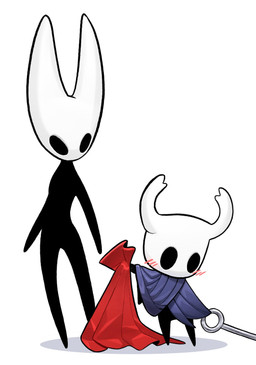 ambiguous_gender anthro blush breasts cloak cloak_only clothing embarrassed featureless_breasts featureless_feet featureless_hands feet female horn looking_away nude nude_female size_difference d_r_e_w_(artist) hollow_knight:_silksong hollow_knight_(franchise) team_cherry hornet_(hollow_knight) the_knight_(hollow_knight) arthropod vessel_(species) hi_res