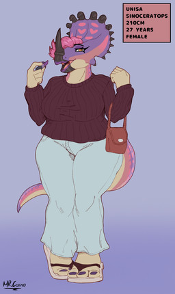 anthro big_breasts biped bottomwear breasts clothed clothed_anthro clothed_female clothing facial_horn feet female fingers frill_(anatomy) front_view hair heart_(marking) horn humanoid_feet humanoid_hands lipstick long_tail looking_at_viewer makeup markings multicolored_body non-mammal_breasts nose_horn open_mouth open_smile orange_eyes overweight overweight_anthro overweight_female pants pink_body pink_hair plantigrade purple_background purple_body purse short_hair simple_background smile solo spots spotted_markings standing sweater tail tan_body text thick_thighs toes topwear wide_hips mr.carno unisa_(mr.carno) centrosaurine ceratopsian ceratopsid dinosaur marginocephalian ornithischian prehistoric_species reptile scalie sinoceratops 2025 absurd_res artist_name character_name colored english_text full-length_portrait hi_res model_sheet portrait
