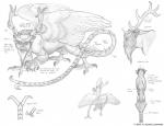 antlers beard claws facial_hair feathered_wings feathers horn male solo wings hkluterman kyoht_luterman american_mythology indigenous_north_american_mythology mythology north_american_mythology chimera hybrid monster piasa model_sheet monochrome