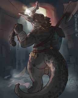 anthro anus axe balls butt dungeon duo female female_prey genitals holding_object male male/female male_pred melee_weapon oral_vore size_difference tail vore weapon vorvelvet lizard reptile scalie 4:5 hi_res