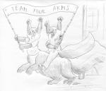 4_arms anthro banner bottomwear clothing duo footwear jeffskunk male multi_arm multi_limb pants shirt shoes sign text topwear cervelet juniper_skunktaur mammal mammal_taur mephitid mephitid_taur skunk skunk_taur taur 2019 english_text monochrome