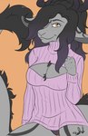 anthro black_hair breasts cleavage cleavage_cutout clothed clothing cutout female fur grey_body grey_fur hair horn looking_at_viewer simple_background smile solo sweater tail tail_tuft topwear tuft morganne sa-chat mythology shirt_cut_meme bovid caprine dragon goat hybrid mammal mythological_creature mythological_scalie scalie digital_media_(artwork) flat_colors meme