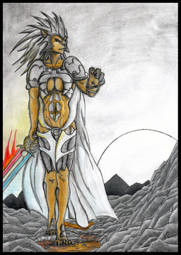 anthro armor big_breasts black_border border breasts clothing ear_piercing female looking_at_viewer melee_weapon outside piercing rock solo sun sword tribal unconvincing_armor weapon yellow_eyes umpherio hasbro magic:_the_gathering wizards_of_the_coast kemba_kha_regent catfolk felid leonin mammal pantherine hi_res