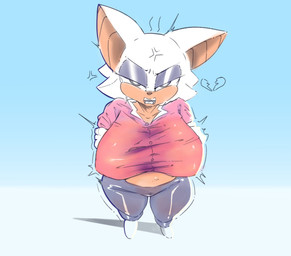 angry anthro big_breasts big_ears bodily_fluids bottomwear breasts clothed clothing cross-popping_vein eyeshadow female fully_clothed hair high-angle_view huge_breasts looking_at_viewer makeup midriff narrowed_eyes navel nipple_outline open_mouth pants shirt short_hair shortstack shortstack_female solo standing sweat teeth tongue topwear white_hair nobite sega sonic_the_hedgehog_(series) rouge_the_bat bat mammal 2026 absurd_res hi_res