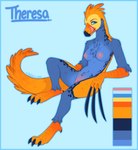 2014 anthro areola beak big_tail biped blue_background blue_body blue_eyes blue_feathers blue_sclera breasts character_name claws color_swatch digital_drawing_(artwork) digital_media_(artwork) digitigrade dinosaur eyelashes feathered_dinosaur feathered_scalie feathers female flat_colors front_view full-length_portrait genitals huge_claws long_claws long_tail looking_at_viewer medium_breasts multicolored_body multicolored_feathers nipples nude nycket orange_beak orange_body orange_feathers orange_scales pink_areola pink_nipples pink_pussy pinup portrait pose pussy reptile scales scalie scuted_arms scuted_feet scuted_hands scutes simple_background solo tail tapering_tail theresa_(nycket) therizinosaurid therizinosaurus theropod thick_tail three-quarter_view tongue tongue_out two_tone_body two_tone_feathers