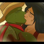 anthro black_bars clothing duo eyes_closed gloves hair handwear hat headgear headwear interspecies kissing long_hair male male/male mishajeans teenage_mutant_ninja_turtles casey_jones raphael_(tmnt) human mammal reptile scalie turtle 1:1 hi_res letterbox