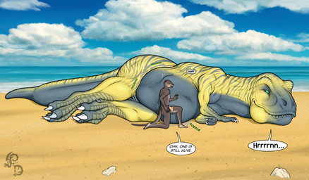after_vore anthro beach belly big_belly brown_arms brown_body brown_legs brown_tail digestion female female_pred feral feral_pred green_eyes grey_belly group larger_pred lying male on_side rumbling_stomach sand sea size_difference speech_bubble tail text vore water yellow_arms yellow_body yellow_legs dragonczech dinosaur mammal mustelid otter prehistoric_species reptile saurischian scalie theropod tyrannosaurid tyrannosauroid tyrannosaurus tyrannosaurus_rex 2026 english_text hi_res watermark