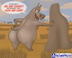 anthro big_butt breasts butt detailed_background dialogue female hand_on_hip open_mouth savanna smile solo speech_bubble text thick_thighs tsm-draws dreamworks madagascar_(series) gloria_(madagascar) common_hippopotamus hippopotamid mammal 5:4 digital_media_(artwork) english_text hi_res