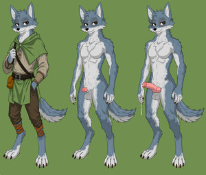 animal_genitalia animal_penis anthro biped bodily_fluids canine_genitalia canine_penis explorer_outfit flaccid_to_erect genital_fluids genitals knot knotted_penis male medieval_clothing paws penis precum sheath solo jiplie varyn_(character) canid canine canis humanoid hybrid mammal wolf absurd_res hi_res model_sheet