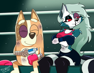 absolute_territory anthro black_blood black_bottomwear black_clothing black_shorts blood bodily_fluids bottomwear boxing boxing_gloves boxing_gloves_only bra brown_body brown_fur bruised bruised_eye clothed clothed_anthro clothed_female clothing colored_blood crossed_arms disinfectant duo eyes_closed female fighting_ring fur grey_body grey_fur grey_hair hair hand_wraps handwear handwear_only legwear long_hair midriff mostly_nude mostly_nude_anthro mostly_nude_female nosebleed notched_ear orange_body orange_fur pink_bra pink_clothing pink_sports_bra pink_underwear red_sclera scuff_marks shorts sitting smile sport sports_bra thigh_highs underwear unusual_blood unusual_bodily_fluids white_body white_eyes white_fur wraps starpaintart bluey_(series) hellaverse helluva_boss mythology chilli_heeler loona_(helluva_boss) australian_cattle_dog canid canid_demon canine canis cattledog demon domestic_dog hellhound herding_dog mammal mythological_canine mythological_creature pastoral_dog 2025 absurd_res crossover hi_res