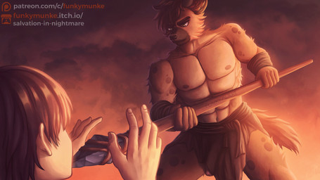 abs anthro barely_visible_genitalia barely_visible_penis bottomwear clothed clothing duo foreskin fur genitals hair humanoid_genitalia humanoid_penis ineffective_clothing ineffective_loincloth interspecies loincloth male male/male melee_weapon muscular muscular_anthro muscular_male nipples pecs penis polearm simple_background spear standing tail text topless tribal weapon funkymunke human hyena mammal spotted_hyena 16:9 colored digital_media_(artwork) hi_res shaded signature url widescreen
