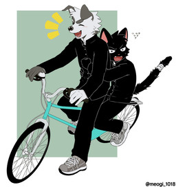 adolescent anthro bandage bandaged_tail bicycle black_body black_fur bodily_fluids clothed clothing cute_fangs duo eyes_closed fangs floppy_ears folded_ears footwear fur grey_body grey_fur holding_another kemono male male/male melanistic multicolored_body multicolored_fur school_uniform shoes simple_background sneakers sweat sweatdrop teeth two_tone_body two_tone_fur uniform vehicle white_body white_fur young young_anthro young_male meogi canid canine canis domestic_cat domestic_dog felid feline felis mammal 2026 hi_res
