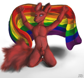 anthro flag flag_(object) fluffy fluffy_tail fur genitals heterochromia holding_flag holding_object kneeling looking_at_viewer male nude pride_color_flag raised_arms red_body red_fur solo tail time_meets_time canid canine fox mammal hi_res