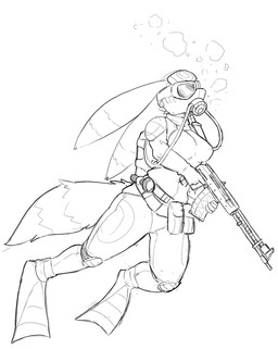 air_bubble ammo_pouch anthro belt breasts eyewear female flashlight flippers goggles gun mask medical_instrument oxygen_mask ranged_weapon scientific_instrument simple_background solo weapon wetsuit white_background bruhman33 nintendo pokemon eeveelution generation_2_pokemon pokemon_(species) umbreon monochrome sketch