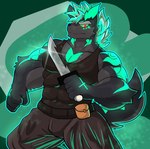 2024 abs anthro biceps big_muscles biped black_body black_fur canid canine canis fur green_body green_fur green_sclera holding_knife holding_object knife looking_at_viewer male mammal muscular muscular_anthro muscular_male pecs red_eyes solo wolf youngjavii