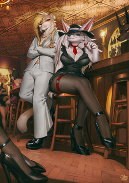 anthro bartender black_clothing black_hat black_headwear black_topwear blonde_hair blue_eyes bottomwear breasts clothed clothing duo_focus female fur group hair hat headgear headwear inside jacket medium_breasts mouth_closed orange_body orange_fur pants sitting tan_body tan_fur topwear white_body white_bottomwear white_clothing white_fur white_hair white_jacket white_pants white_topwear yellow_eyes shermugi lexi_joyhart vilanah_grimclaw canid felid mammal species_request 2023 absurd_res hi_res