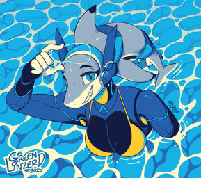 5_fingers anthro big_breasts bikini blue_body blue_eyes breasts cleavage clothed clothing cybernetics female fingers grey_body grin looking_at_viewer machine non-mammal_breasts partially_submerged robotic_body sharp_teeth smile solo swimwear teeth two-piece_swimsuit water conditional_dnp greenlinzerd art_fight hana_(wmdiscovery93) aquatic cyborg fish shark 2025 halftone restricted_palette signature