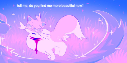 blood bodily_fluids crying detailed_background duo female feral grass plant self-harm sparkles tears text wounded clockstops3am conditional_dnp warriors_(book_series) frostdawn_(warriors) domestic_cat felid feline felis mammal 2024 english_text purple_theme
