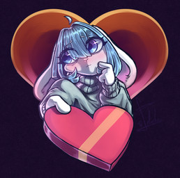 4_fingers anthro blue_eyes blue_hair blush blush_lines candy clothing dessert female fingers food fur hair heart_symbol holidays rabbit_ears smile solo sweater topwear white_body white_fur loliche valentine's_day lagomorph leporid mammal rabbit hi_res