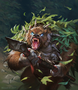 angry anthro bone brown_body brown_fur fur glowing glowing_eyes holding_melee_weapon holding_object holding_polearm holding_spear holding_weapon leaf_clothing male melee_weapon open_mouth polearm skull solo spear teeth weapon slawomir_maniak blizzard_entertainment hearthstone warcraft bristlesnarl bear furbolg mammal 2017 digital_media_(artwork) hi_res official_art