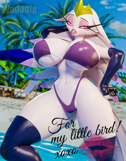 beach big_breasts breasts bright_eyes clothing crown eyelashes female fingers gloves hair handwear headgear huge_breasts legwear looking_at_viewer markings pose solo standing tail text thick_thighs underwear white_body white_hair white_tail wadoqip valorlynz_(modeler) hellaverse helluva_boss stella_(helluva_boss) avian avian_demon bird galliform peafowl peafowl_demon phasianid 2026 3d_(artwork) 4:5 absurd_res digital_media_(artwork) hi_res watermark