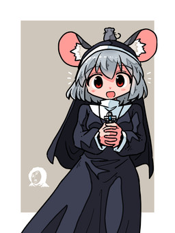 ambiguous_feral ambiguous_gender black_clothing black_dress carrying_another clothed clothed_female clothed_humanoid clothing cross cross_necklace dress duo female female_humanoid feral grey_hair hair holding_cross holding_jewelry holding_necklace holding_object inner_ear_fluff interlocked_fingers jewelry necklace nun_habit nun_outfit on_head open_mouth open_smile red_eyes religious_clothing simple_background smile tuft kasuya_baian touhou nazrin animal_humanoid humanoid mammal mammal_humanoid mouse mouse_humanoid murid murid_humanoid murine murine_humanoid rodent rodent_humanoid hi_res