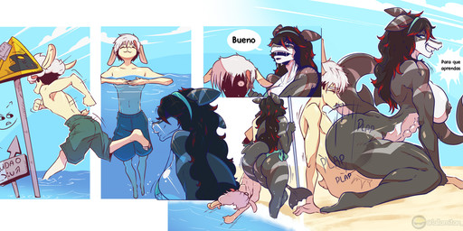 anthro beach big_breasts bikini black_hair breasts butt clothing dialogue duo erection female female_penetrated grey_body hair male male/female male_penetrating male_penetrating_female nude penetration sex simple_background smile swimwear tail text two-piece_swimsuit vaginal white_body white_hair lallamitan_t dina_(nikfler) joan_(lallamitan_t) animal_humanoid aquatic aquatic_humanoid camelid fish fish_humanoid humanoid llama mammal shark absurd_res comic digital_media_(artwork) hi_res spanish_text translated