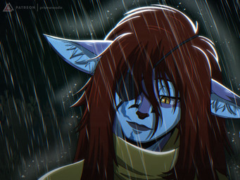 anthro blue_body clothed clothing countershade_face countershade_fur countershading eye_patch eyewear female fur hair lips markings multicolored_body purple_body purple_fur raining red_hair scar simple_background smile solo yellow_eyes prismanoodle elancia_chronicles verse_mcdowell aquatic canid canine canis fish fox hybrid mammal 4:3 hi_res trans_(lore) trans_woman_(lore)