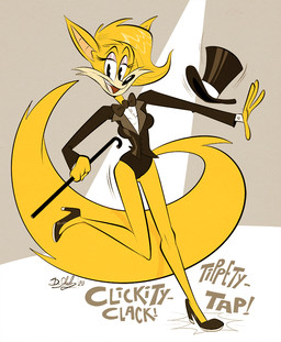 4_fingers anthro bare_legs black_bow_tie black_clothing black_eyes black_footwear black_hat black_headwear black_high_heels black_jacket black_leotard black_neckwear black_shoes black_suit_jacket black_tie_(suit) black_topwear bow_tie breasts button_(fastener) cane clothing collared_shirt contact_onomatopoeia dance_shoes dancewear dancing dress_shirt emanata eyebrows eyelashes eyeliner eyeshadow facial_markings female fingers footwear fur glistening glistening_clothing glistening_eyelids glistening_footwear glistening_hair glistening_hat glistening_headgear glistening_headwear glistening_high_heels glistening_jacket glistening_nose glistening_shoes glistening_top_hat glistening_topwear grey_background hair hat head_markings headgear headwear high_heels holding_cane holding_object impact_onomatopoeia jacket leotard looking_at_viewer makeup markings motion_outline muzzle_(marking) narrowed_eyes onomatopoeia open_mouth open_smile orange_body orange_fur purple_eyeshadow shirt shoes simple_background smile solo sound_effects spotlight suit suit_jacket tan_body tan_fur tan_markings tan_muzzle tap_dancing tap_shoes text topwear upper_teeth_only white_background white_clothing white_dress_shirt white_shirt white_topwear themrock canid canine fox mammal 2020 dated signature